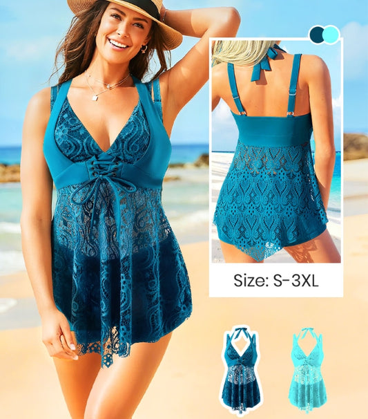 ✨Summer Hot Sale 🔥Women's V-Neck Lace Swimdress & Boyshorts Two-Piece Set