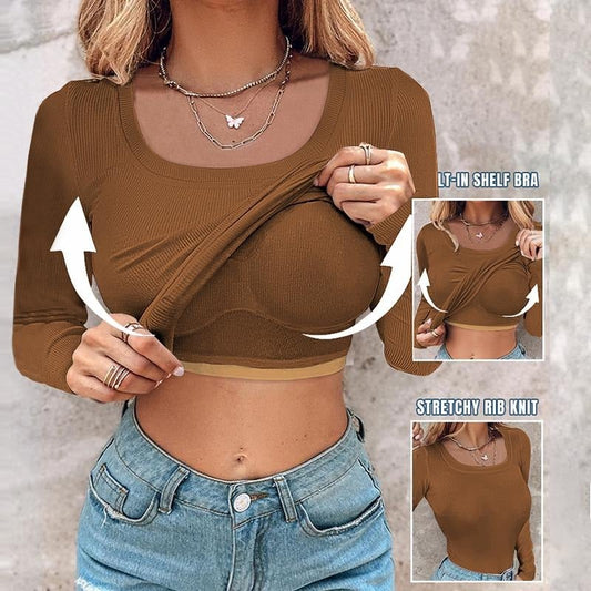 🔥Built-in Bra Long Sleeve Ribbed Top Shirts Elegant Skinny Fit Fabric💥