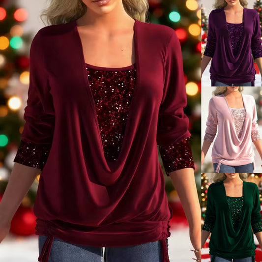 🏆2025 Christmas Hot Sale 54% OFF⚡Sequin Loose Smocked Fake Two-Piece Top