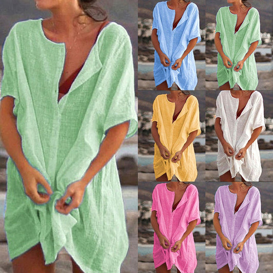🌺Summer Hot Sale 50% OFF💐Women's Cotton and linen Plain Loose Long Shirt