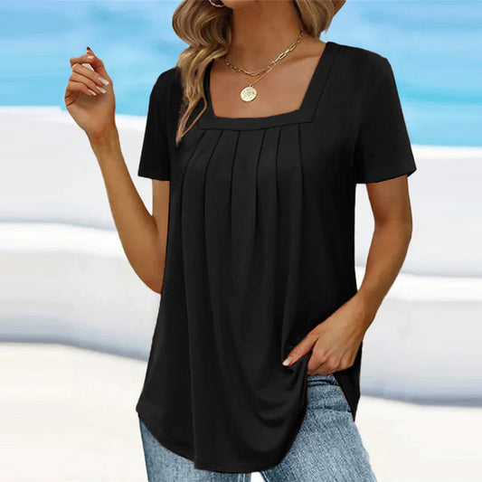 🎁Hot Sale 50% OFF⏳Square Neck Solid Color Short Sleeve T-Shirt - Chic & Elegant Style
