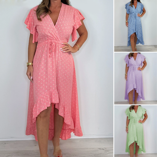 Women's Resort Style V-Neck Polka Dot Ruffle Sleeve Dress