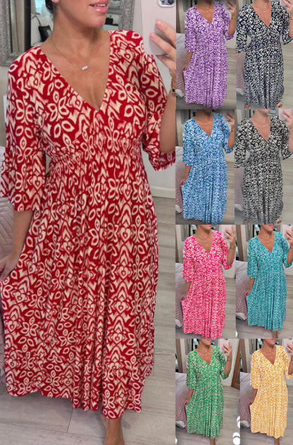 🔥2025 Summer Sale 49% OFF🔥Bohemian casual print V-neck waist wrap long dress