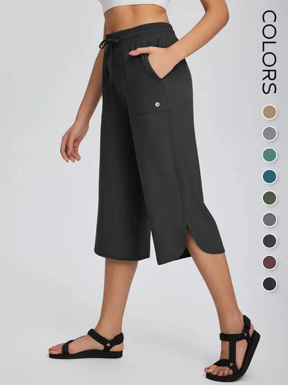 👖 Women's High Waisted Wide Leg Yoga Capris with Pockets –   Loose Comfy for Hiking, Gym, Travel & Outdoor Workout ☀️