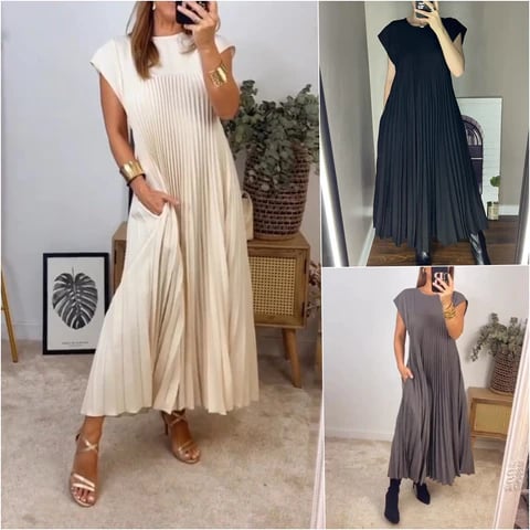 🔥Hot Sales👗Sleeveless Pleated Simple Solid Color Dress