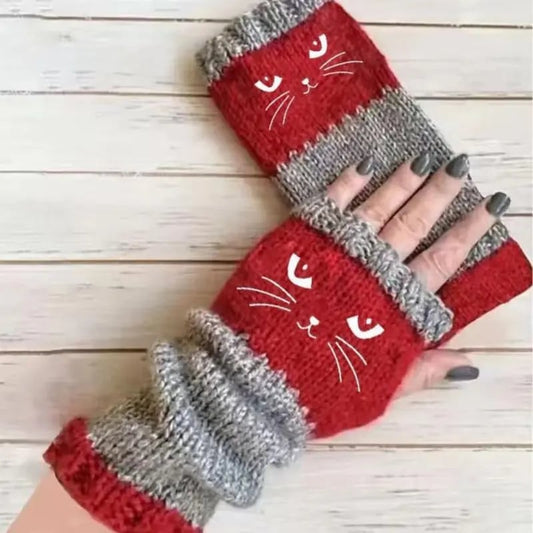 🔥Winter Hot Sale 50% off😻Cat Knitted Embroidery Fingerless Gloves - Cosy, Stylish, Casual Winter Wear