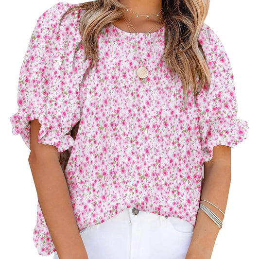 ✨Women's Crewneck Smocked Puff Sleeve Floral Print Blouse