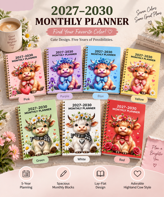 🐮 2026–2030 Monthly Planner ✨ Cute Highland Cow 5-Year Calendar | Large Monthly Blocks for Long-Term Planning