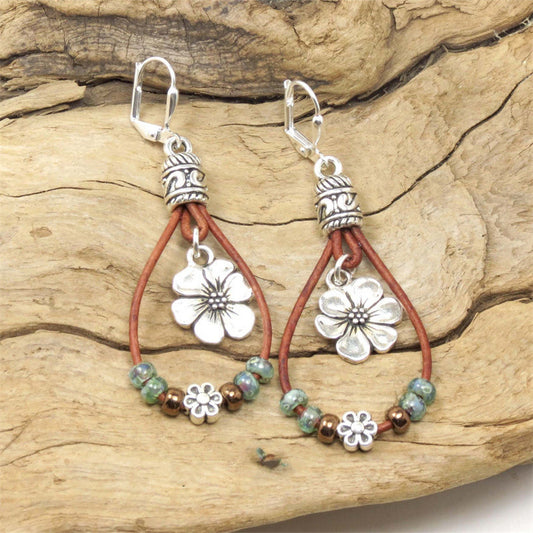 Boho Leather Strap Flower Earrings Flower Style