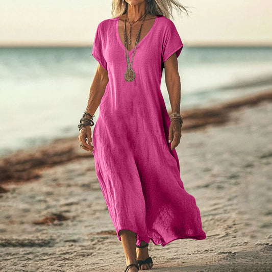 2025 Summer V Neck Short Sleeve Casual Lightweight Boho Dress