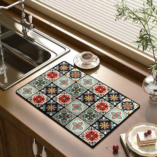Retro Quick-Drying Water-Draining Mat for Kitchen Bar Countertops