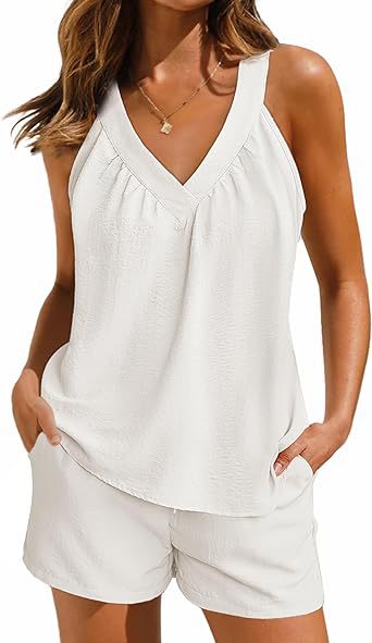 ✨Summer Hot Sale 🔥Women's Solid Colour Loose V-Neck Sleeveless Top Pocket Shorts Set