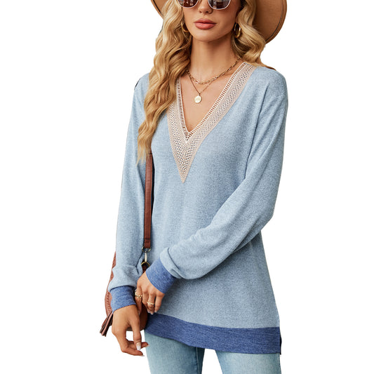 Lace V-neck Collision Split Loose Long Sleeve T-Shirt