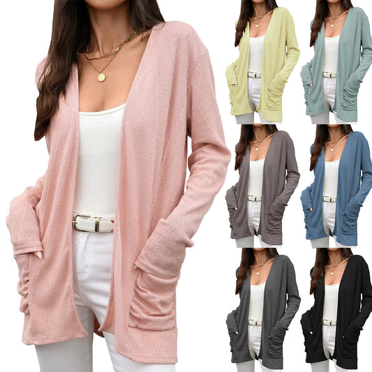 2025 Autumn Women's Solid Colour Pocket Knitted Cardigan