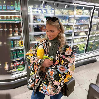 Women's Winter Vinatge Warm Floral Printed Loose Coat