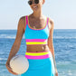 🏖️Hot Sale 50% OFF🌼Color Block Patchwork Nylon Sporty 3-Piece Bikini Set - High Waisted & Tummy Control Swimsuit👙🌈