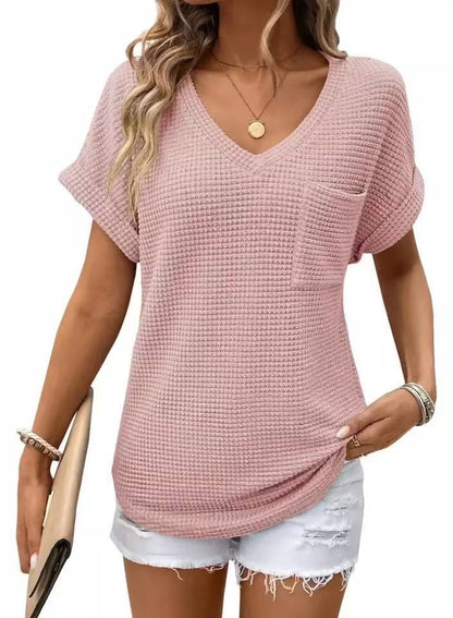 ⏰Hot Sale 65% OFF🎉Women's Waffle V Neck Short Sleeve Casual Top