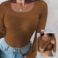 🔥Built-in Bra Long Sleeve Ribbed Top Shirts Elegant Skinny Fit Fabric💥