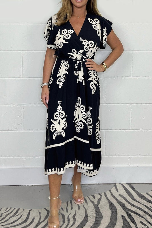 🎉Hot Sale🎉Summer Ruffle Sleeves Tie V-Neck Dress