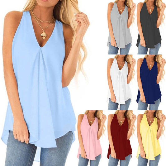 💐Summer New Popular Hem Loose Sleeveless Solid Color Top Chiffon Shirt