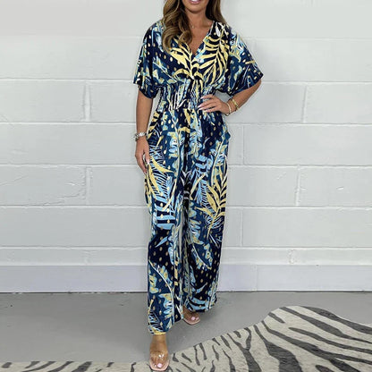 🔥Hot Sale🔥Women's Summer Print Wide Leg Elastic Waist Jumpsuit