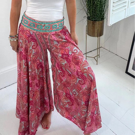 Ethnic Paisley Print Elastic Patchwork-Waist Lightweight Pants