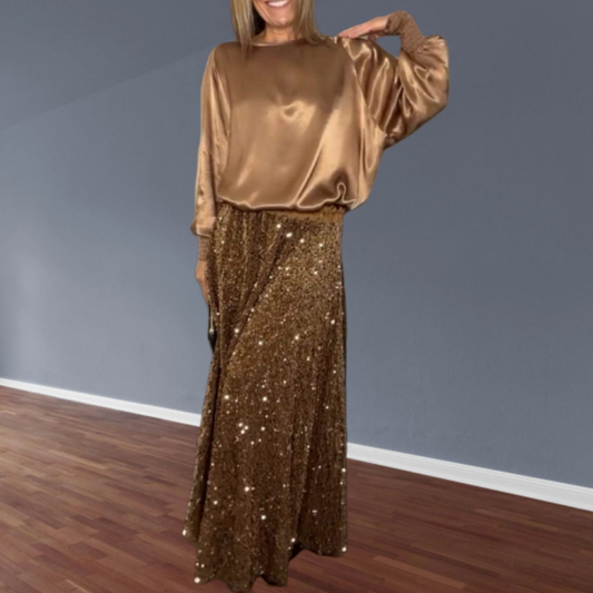 Women's Long Sleeve Top & Sequin Maxi Skirt Two-Piece Set