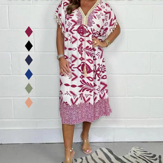 🌺Summer Hot Sale 50% OFF💐Printed Casual Dress With V-Neckline and Fringes on the Short Sleeves