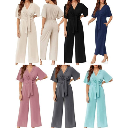 💖LAST DAY SALE 50% OFF💖Women's Elegant V-Neck Wide Leg Waist Tie Jumpsuit