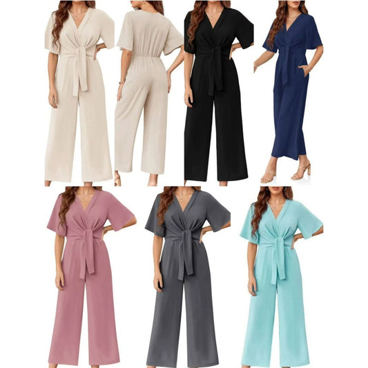 💖LAST DAY SALE 50% OFF💖Women's Elegant V-Neck Wide Leg Waist Tie Jumpsuit