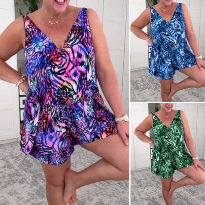 🌸Summer Hot Sale 49%OFF🌸Sleeveless V-Neck Printed Swimsuit Set（Comes with a free black jumpsuit）