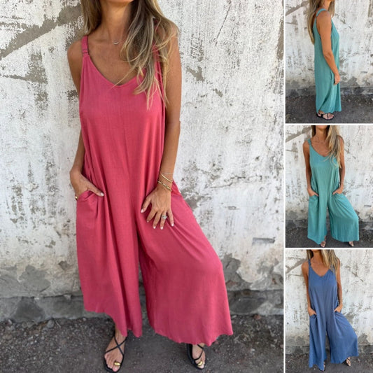 🍧Summer Hot Sale 50% OFF💞Women's Casual Loose Cotton-Linen Blend Jumpsuit with Pockets and Adjustable Straps