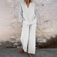 Casual Solid Color V-Neck Long Sleeve Top & Wide-Leg Pants Set