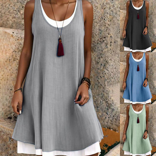 Women's Casual Loose Sleeveless Fake Two Piece Tank Dress