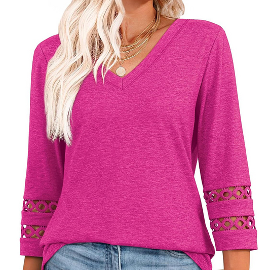 2025 New Women‘s 3/4 Length Sleeve Tops Trendy V Neck T Shirts