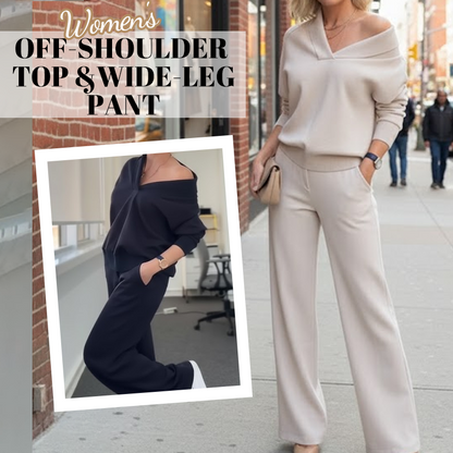 Women's Versatile Off-Shoulder V-Neck Top & Wide-Leg Pants