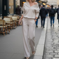 Women's Versatile Off-Shoulder V-Neck Top & Wide-Leg Pants