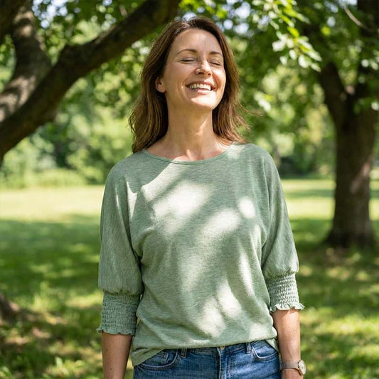 Women's Round Neck Smocked Cuff Dolman Sleeve Top