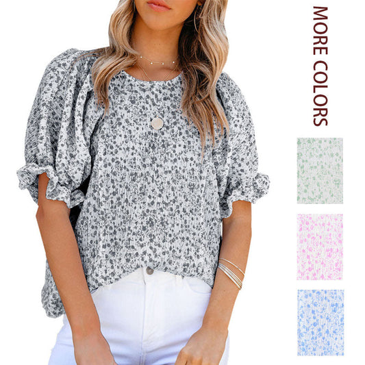 ⏰Summer Special 49% OFF👚Women's Crewneck Smocked Puff Sleeve Floral Print Blouse