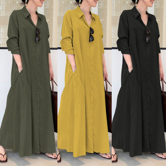 Long-Solid, Simple and Long-Coloured Sleeve Dress With Pockets