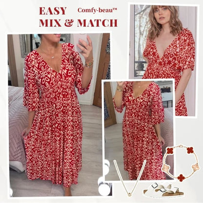 ⏳Time-limited Special 60% OFF⏰🔥Bohemian casual print V-neck shirred waist long dress