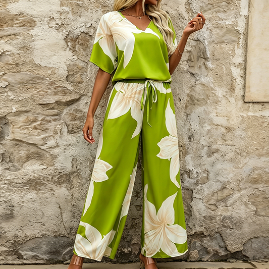 Women's Floral Print Top & Wide-Leg Pants Set