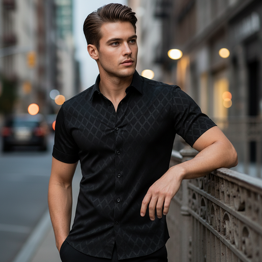 ☀️HOT SALE 50% OFF🖤Men's Textured Black Short Sleeve Shirt