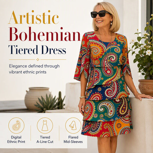 ⌛Limited-Time Offer-Women's Ethnic Print V-Neck Tiered Dress