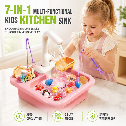 Children’s water play basin toy with a water flow feature