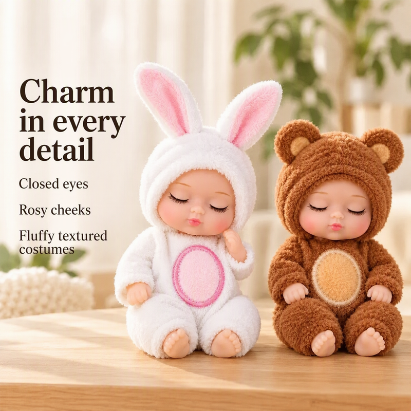 Close-up of miniature sleeping baby dolls in rabbit and bear costumes