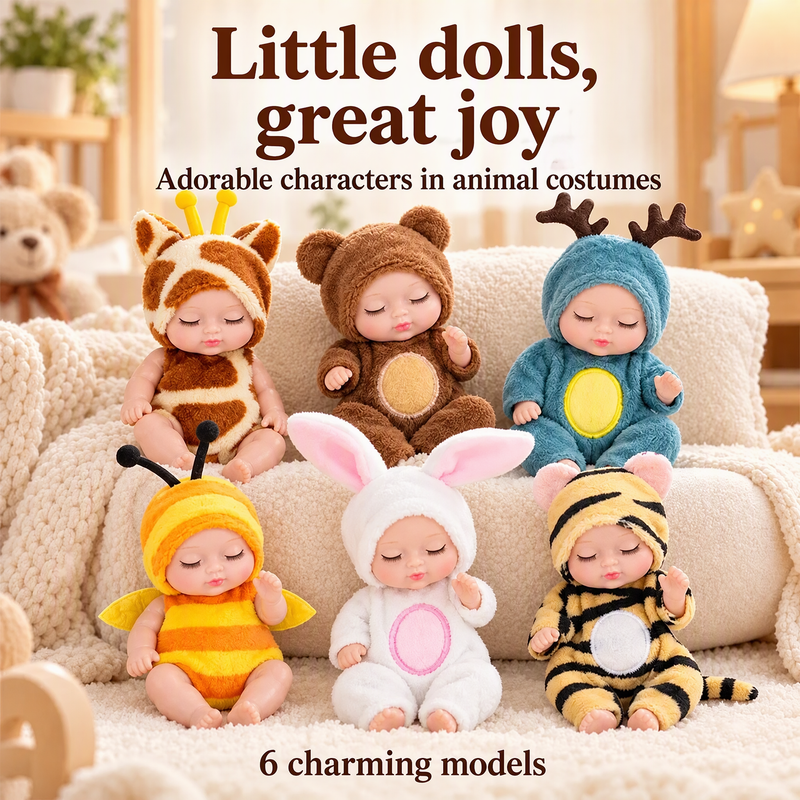 Six miniature sleeping baby dolls in colorful animal costumes