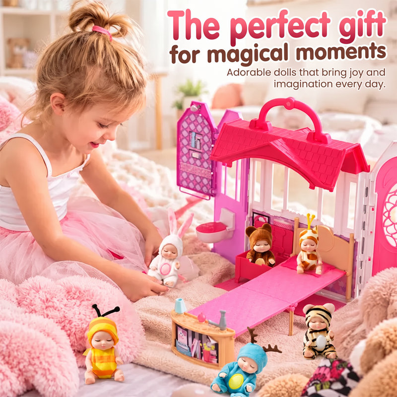 Child playing with miniature baby dolls and a pink dollhouse