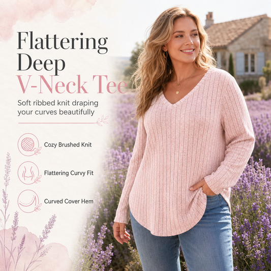 ⏳Limited time offer🔥Women’s Plus‑Size V‑Neck Pullover Top — Soft Brushed Ribbed‑Knit | Loose Curve‑Flattering Fit