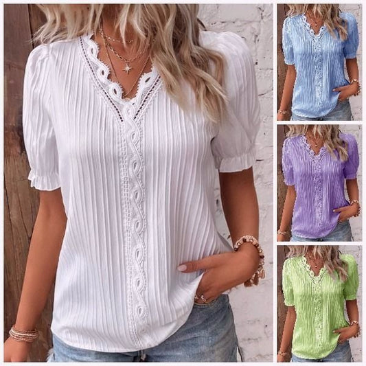 🎁Hot Sale🔥V Neck Plain Lace Elegant Shirt